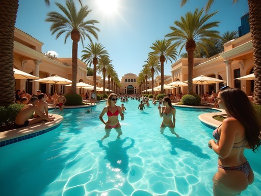 Energetic Las Vegas dayclub pool party with DJ and crowd