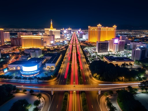 Aerial night view of Las Vegas Strip showing the scale and distances between major casino resorts