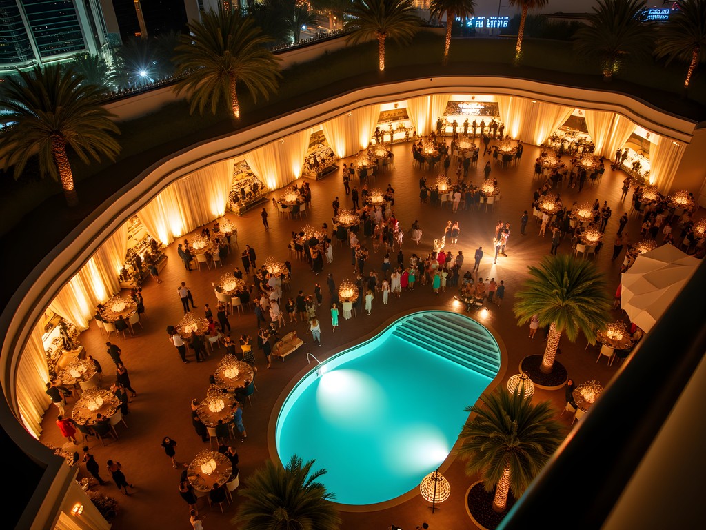 Aerial view of XS Nightclub at Encore Las Vegas with pool area illuminated at night