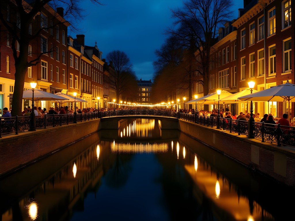 Nighttime view of illuminated bars along Leiden's historic canals