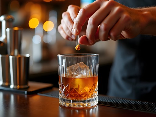 Artisanal cocktail being prepared at Tannin bar in Lenexa with bartender adding garnish