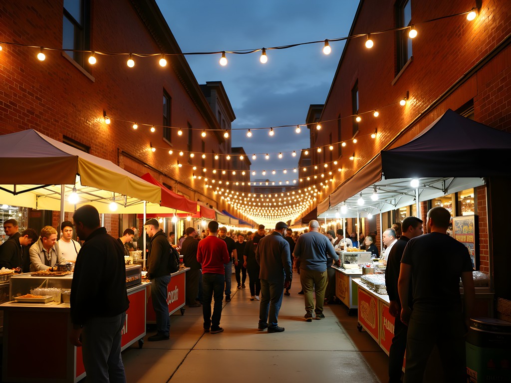 Atmospheric night market in downtown Lewiston alleyway with string lights and food vendors