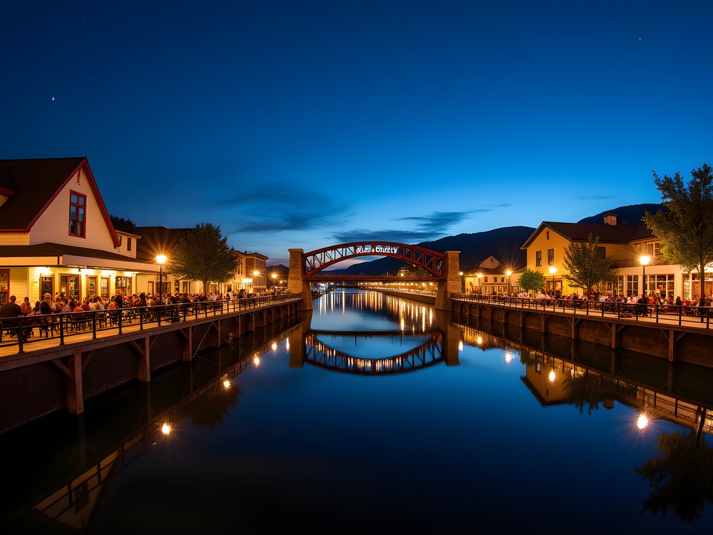 Panoramic night view of Lewiston's illuminated riverside with bars and breweries