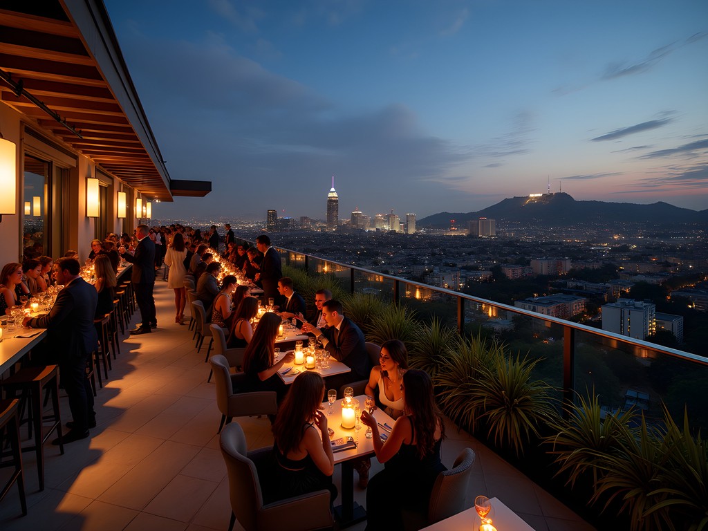 Elegant Hollywood rooftop bar with stunning Los Angeles cityscape view at night
