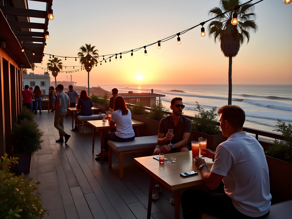Stylish rooftop bar in Venice Beach with ocean view at sunset