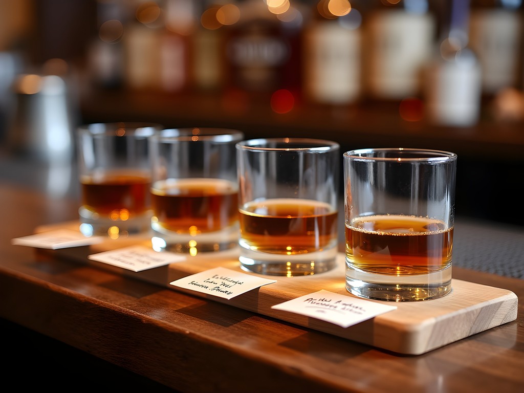 Artfully arranged bourbon flight with tasting notes at a Louisville whiskey bar