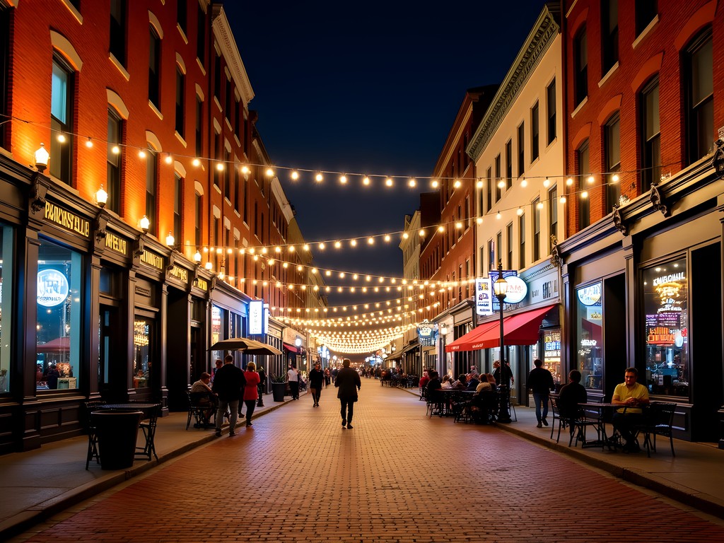 Vibrant NuLu district street scene at night with colorful storefronts and people enjoying Louisville nightlife