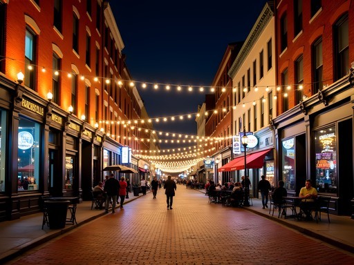 Vibrant NuLu district street scene at night with colorful storefronts and people enjoying Louisville nightlife