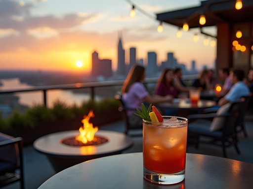 Panoramic view of Louisville skyline at sunset from a rooftop bar with cocktails in foreground