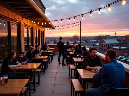 Rooftop patio of Tallgrass Tap House brewery at dusk in Manhattan Kansas