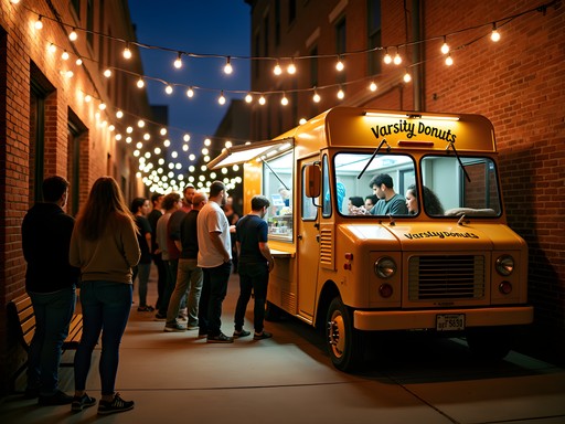 Varsity Donuts food truck at night with string lights and customers in Manhattan Kansas