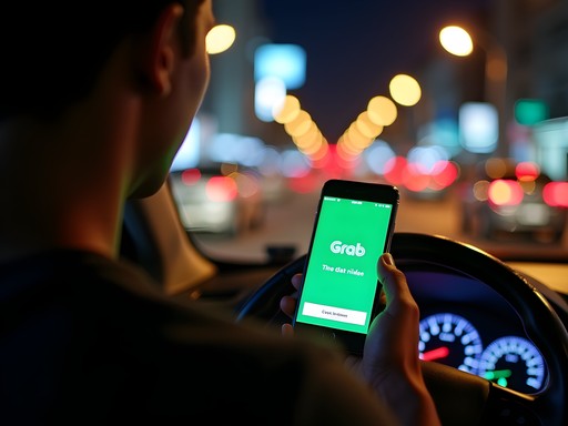 Person using ride-hailing app on smartphone at night in Manila with colorful city lights