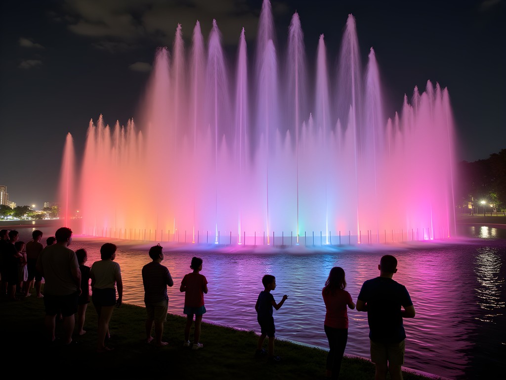Colorful fountain light show at Manila Ocean Park at night with families watching