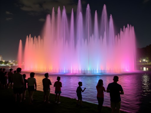 Colorful fountain light show at Manila Ocean Park at night with families watching