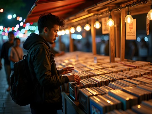 Person browsing vinyl records at Manila night market with colorful lighting