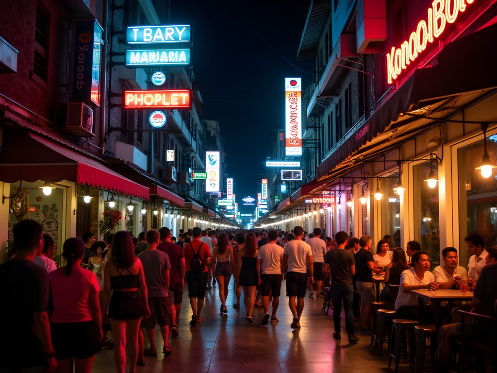 Colorful street scene in Poblacion at night with neon signs and diverse crowd