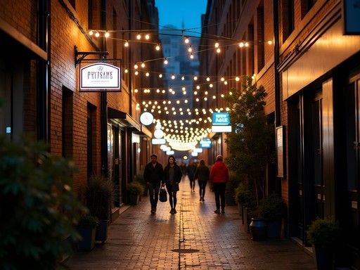 Atmospheric Melbourne laneway at night with people moving between venues