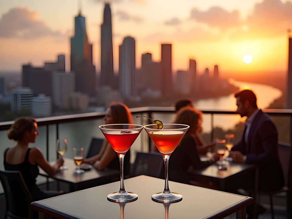 Panoramic sunset view of Melbourne skyline from a rooftop bar with cocktails in foreground