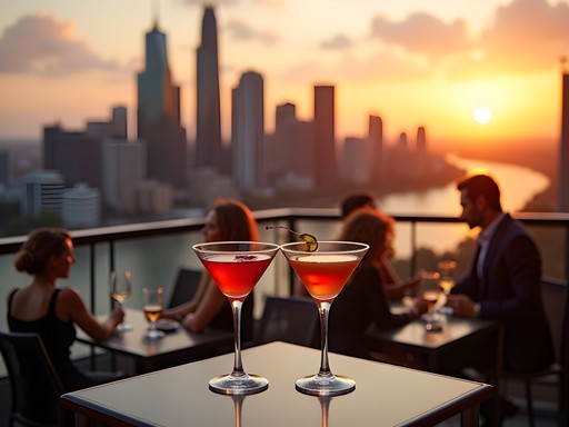 Panoramic sunset view of Melbourne skyline from a rooftop bar with cocktails in foreground