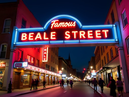 Iconic Beale Street sign illuminated at night in Memphis Tennessee