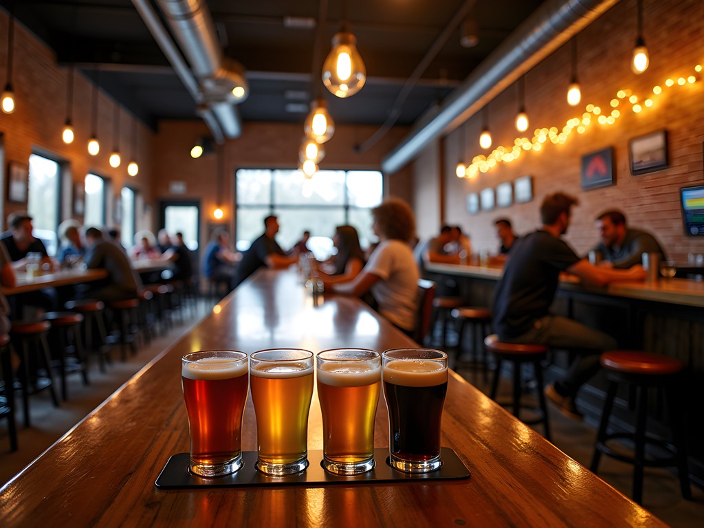 Illuminated interior of Brickhaus Brewhub in downtown Meridian with craft beer flight