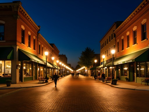 Illuminated historic downtown Meridian Mississippi at night showing walkable nightlife district