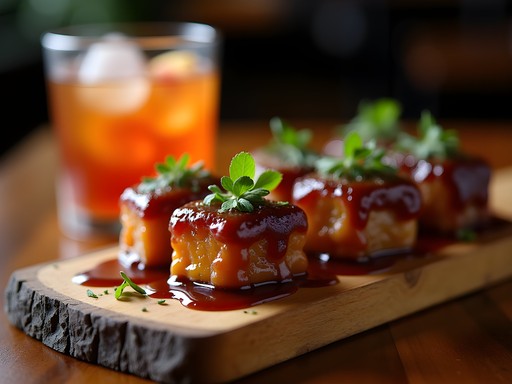 Late-night southern cuisine plate with bourbon-glazed pork belly at The Vault in Meridian