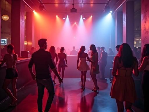 Stylish interior of a Milan nightclub with fashionable crowd dancing