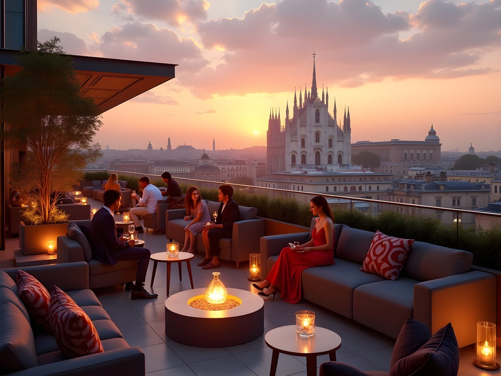 Panoramic view from a Milan rooftop bar at sunset