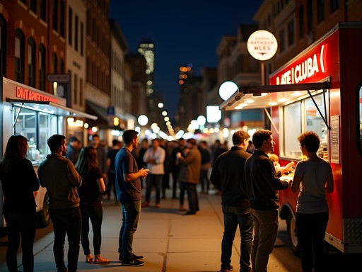 Vibrant late-night street food scene in Milwaukee with food trucks and happy patrons