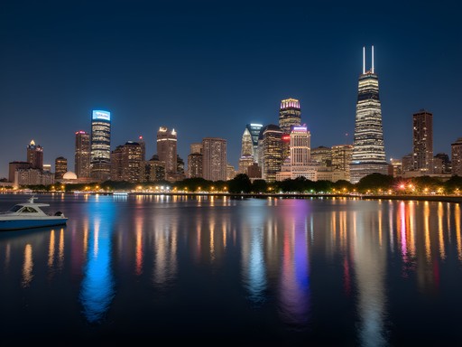 Milwaukee skyline illuminated at night viewed from Lake Michigan