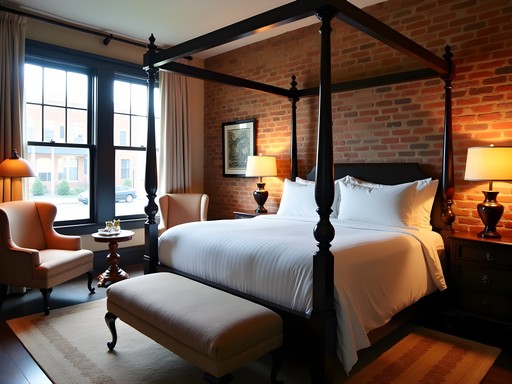 Elegant boutique hotel room in downtown Monroe Louisiana with vintage decor