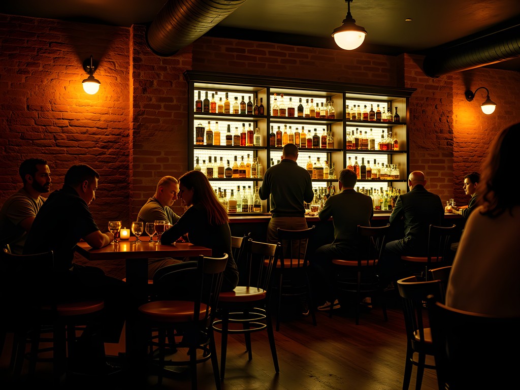Atmospheric late-night bar in Monroe Louisiana with patrons enjoying cocktails and conversation