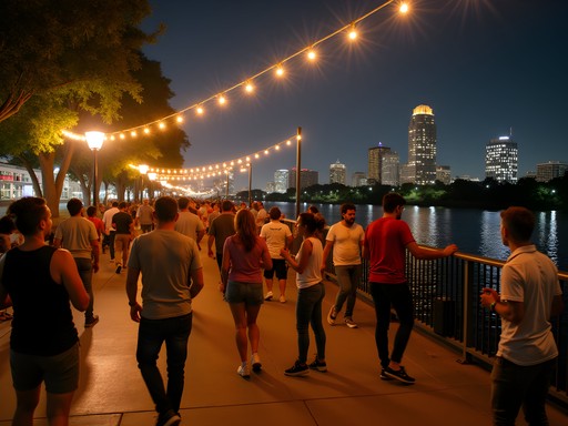 Spontaneous dance gathering along Monroe's riverwalk at night with city lights reflecting on water