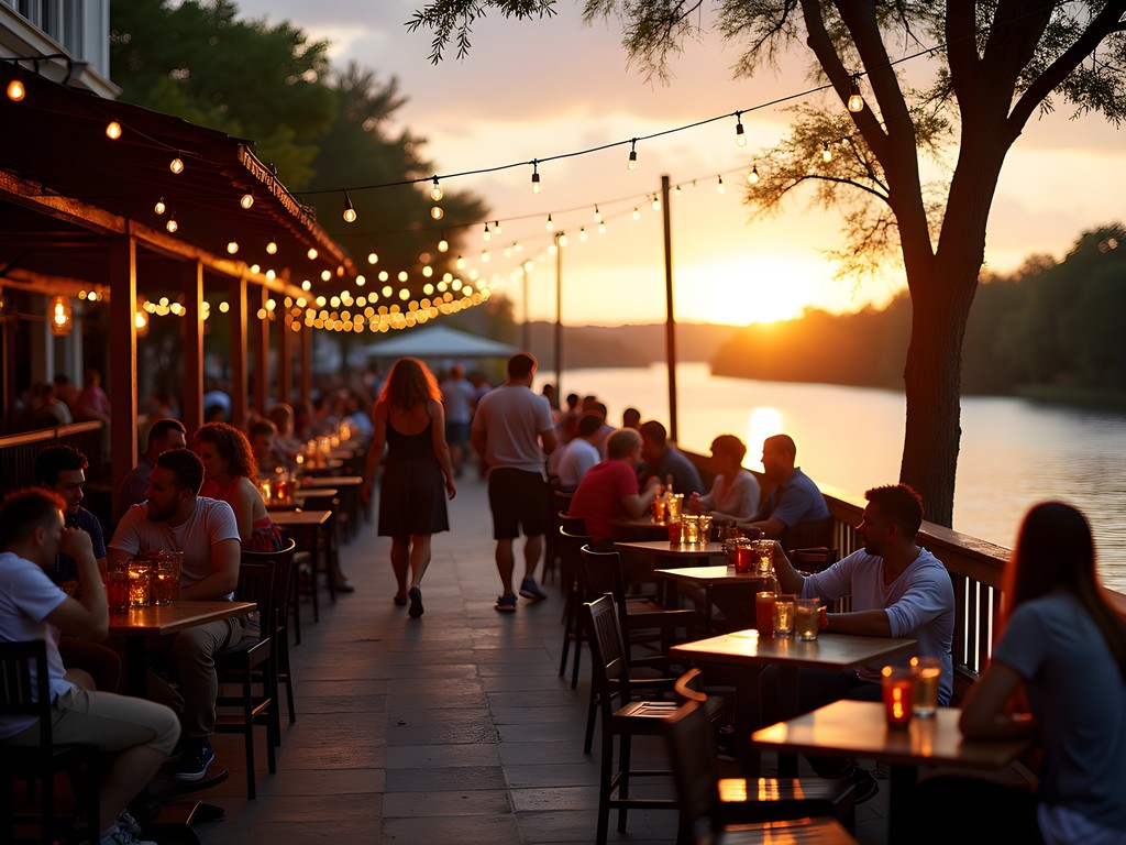 Sunset view of Monroe's riverside bars and restaurants along the Ouachita River