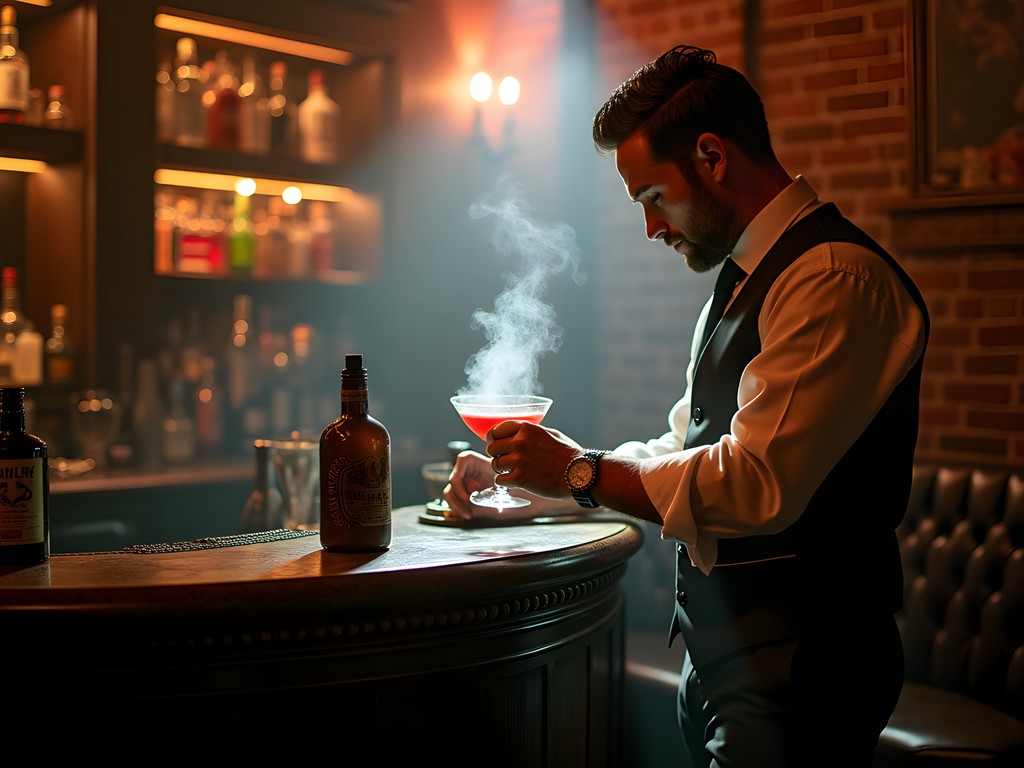 Bartender preparing craft cocktails in a dimly-lit speakeasy setting in Monroe