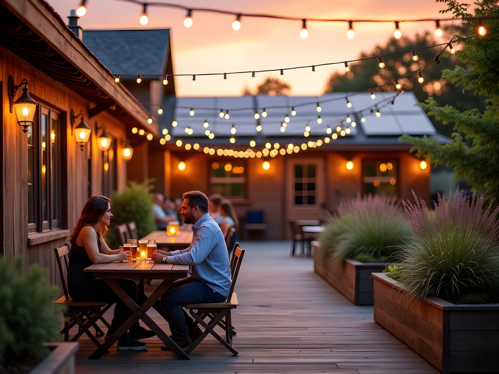 Couples enjoying craft beer on Chestnut Brew Works' sustainable outdoor patio in Morgantown