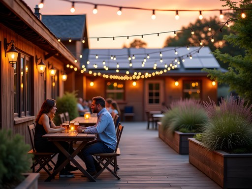 Couples enjoying craft beer on Chestnut Brew Works' sustainable outdoor patio in Morgantown