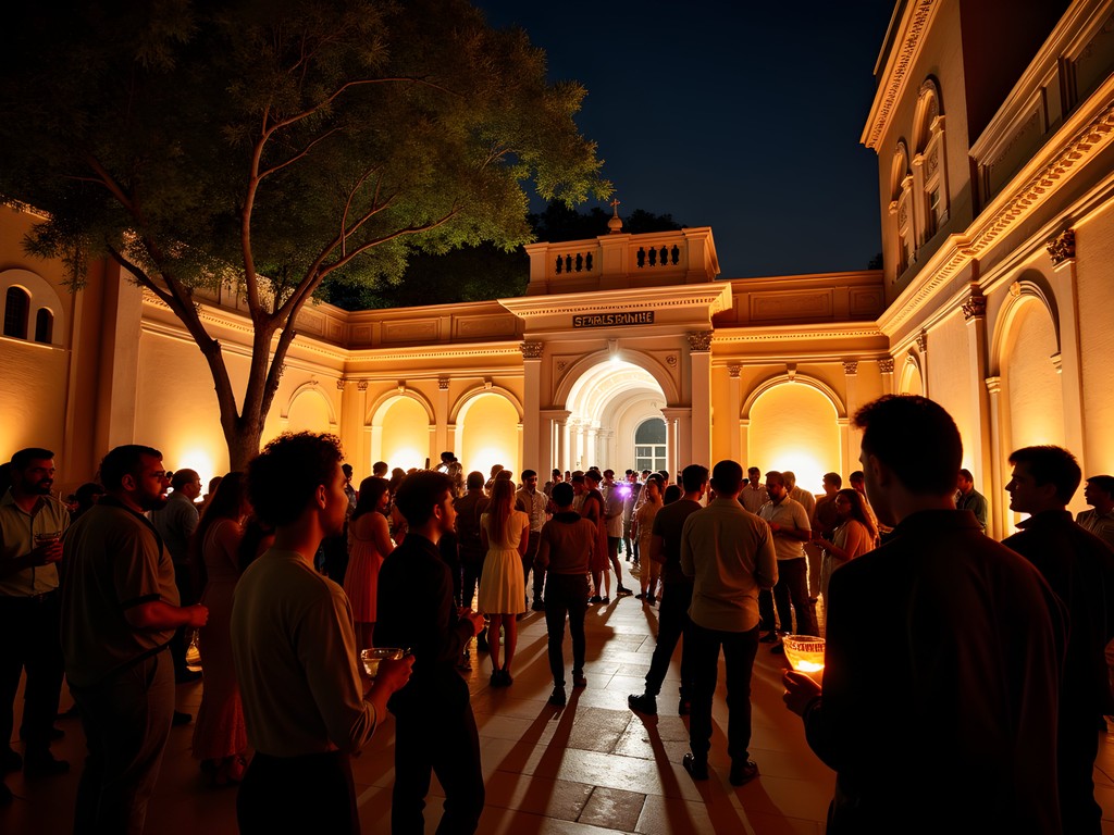 Nighttime cultural event at illuminated historic Mumbai museum with performance artists