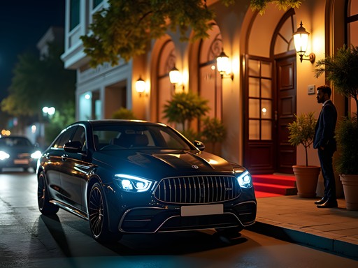 Luxury car service waiting outside illuminated high-end Mumbai nightclub