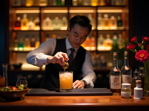 Elegant speakeasy-style cocktail bar in Nanjing with bartender preparing traditional Chinese ingredient-inspired drinks