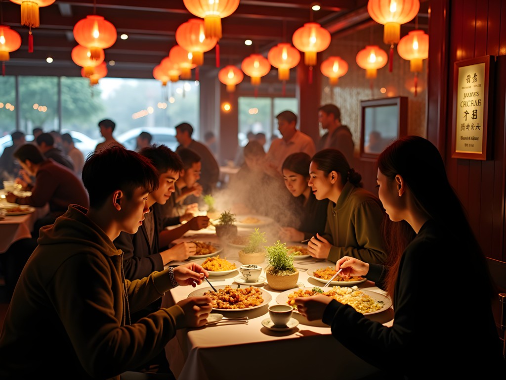 Bustling late-night restaurant in Nanjing with locals enjoying traditional dishes after midnight