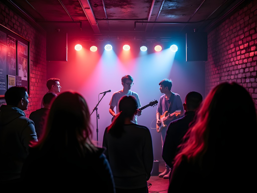 Atmospheric indie music venue in Nanjing with local band performing on stage