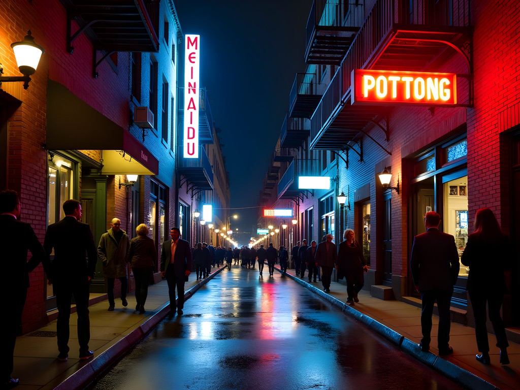 Historic Printer's Alley lit up at night in downtown Nashville