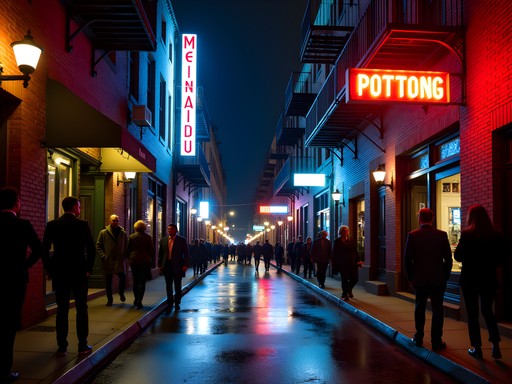 Historic Printer's Alley lit up at night in downtown Nashville
