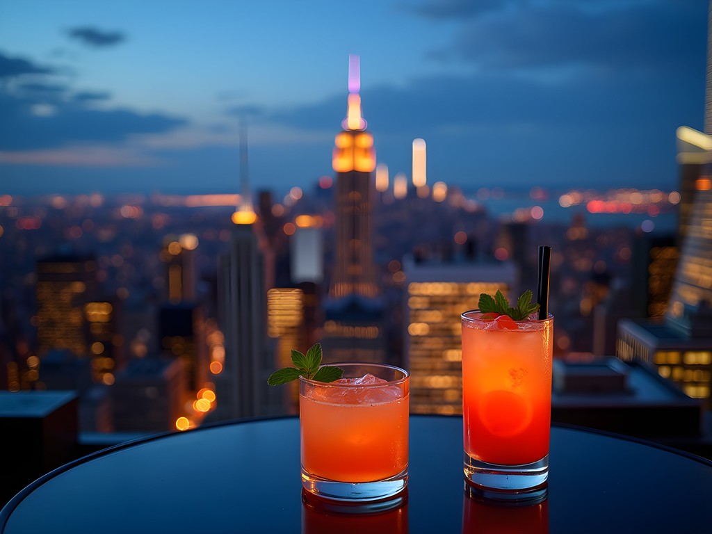 Manhattan skyline view from Brooklyn rooftop bar at twilight with craft cocktails