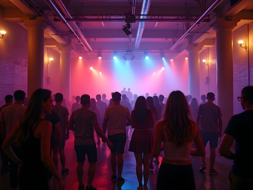 Brooklyn warehouse dance venue with atmospheric lighting and diverse crowd