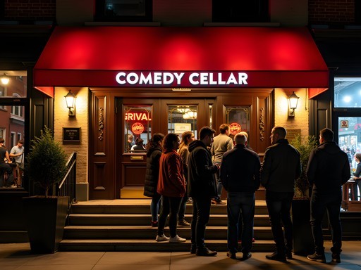 Iconic Comedy Cellar exterior at night with red awning and line of patrons