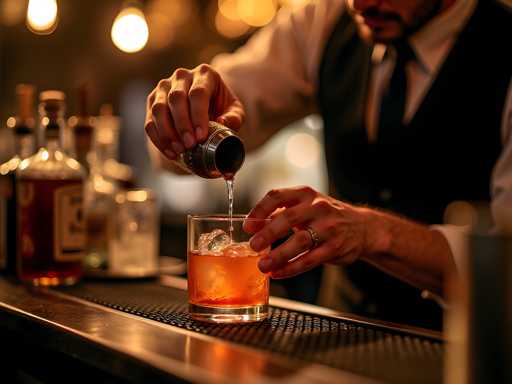 Bartender crafting elaborate cocktail at hidden NYC speakeasy with vintage decor