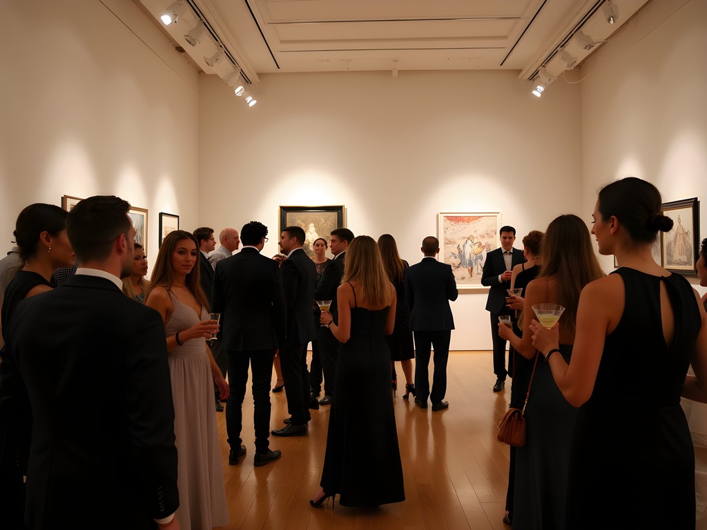 Elegant museum after-hours event with cocktails and art viewing